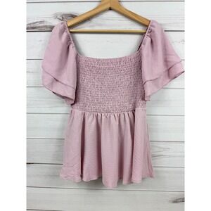 LYANER Smocked Top Ruffle Flutter‎ Sleeve Square Neck Blouse L Womens